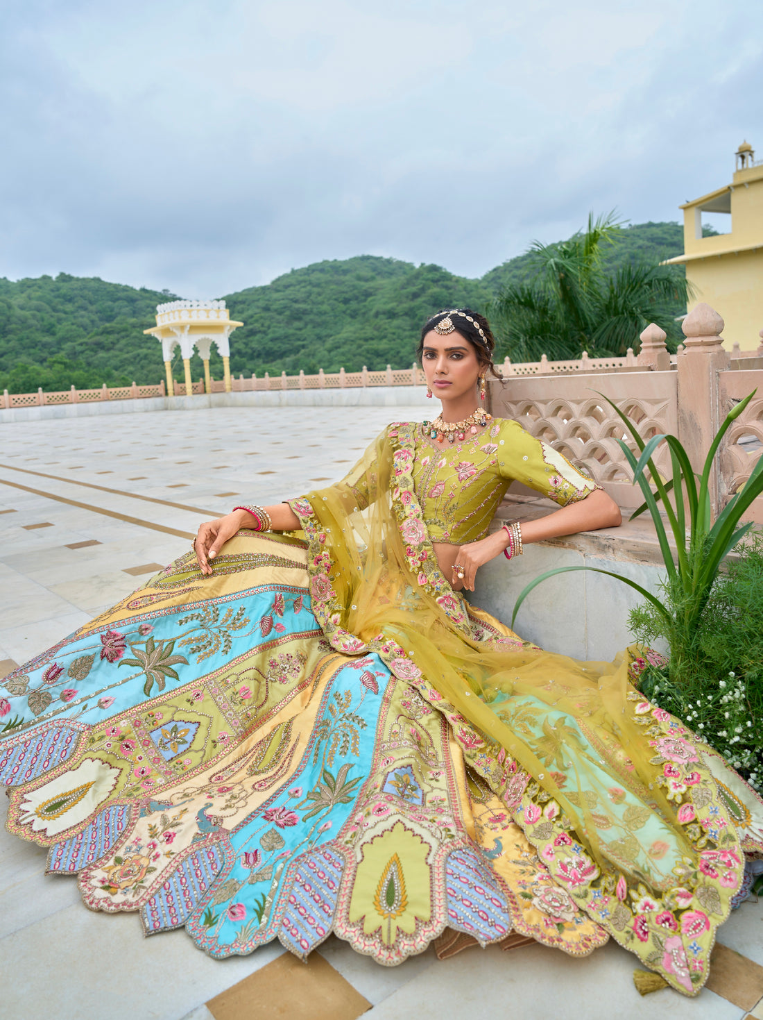 Lemon Yellow Embroidered Lehenga Choli with Pastel Accents