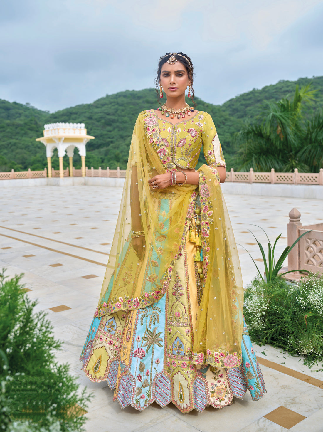 Lemon Yellow Embroidered Lehenga Choli with Pastel Accents