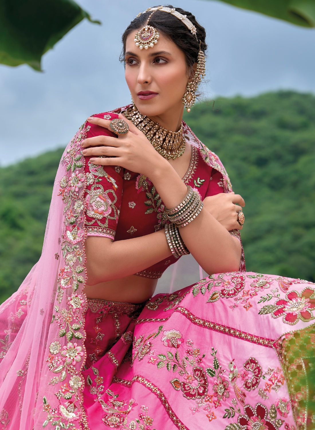 Magenta Pink Velvet Bridal Lehenga Choli with Heavy Embellishments