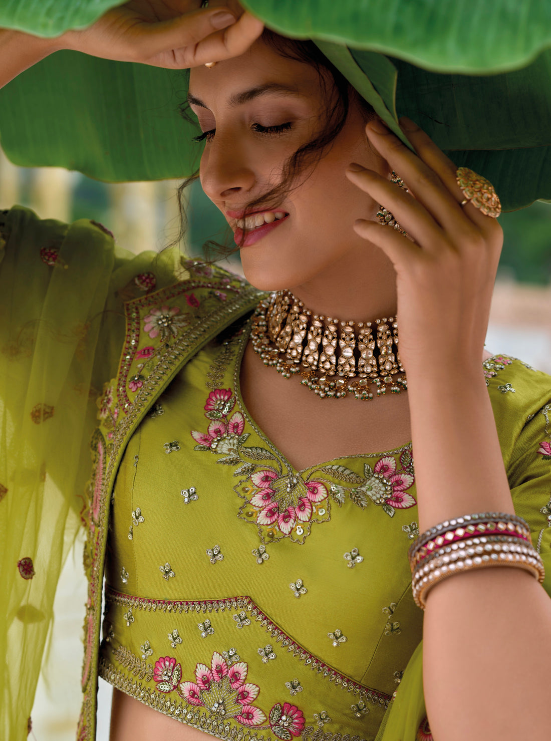 Lime Green Wedding Lehenga with Unique Embroidery Patterns