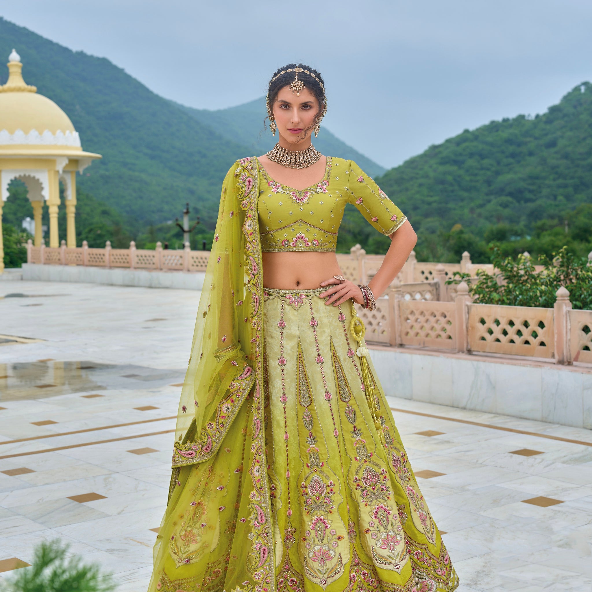 Lime Green Wedding Lehenga with Unique Embroidery Patterns