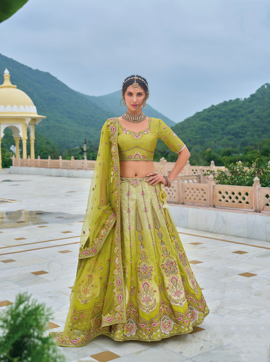 Lime Green Wedding Lehenga with Unique Embroidery Patterns