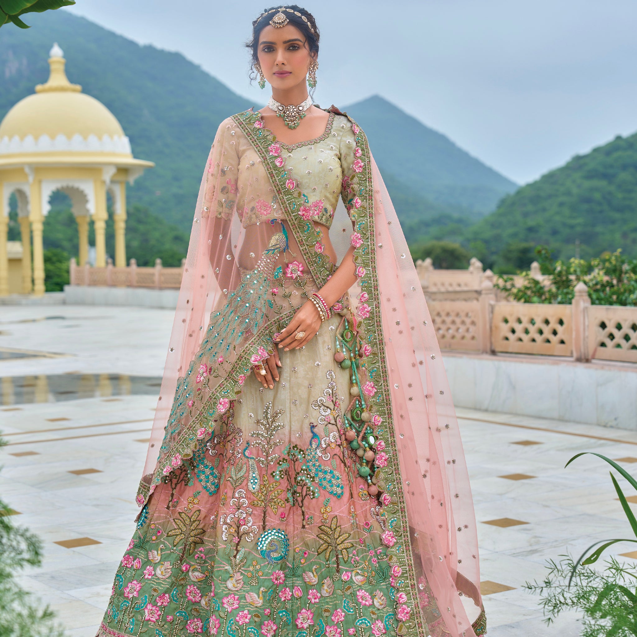 Soft Peach and Green Floral Lehenga with Pastel Hues