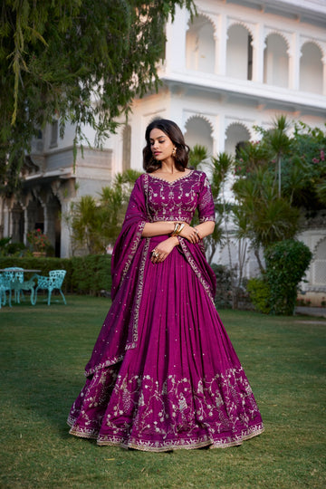 Women's Designer Party Wear Wine Colour Soft Vichitra Silk Lehenga Choli