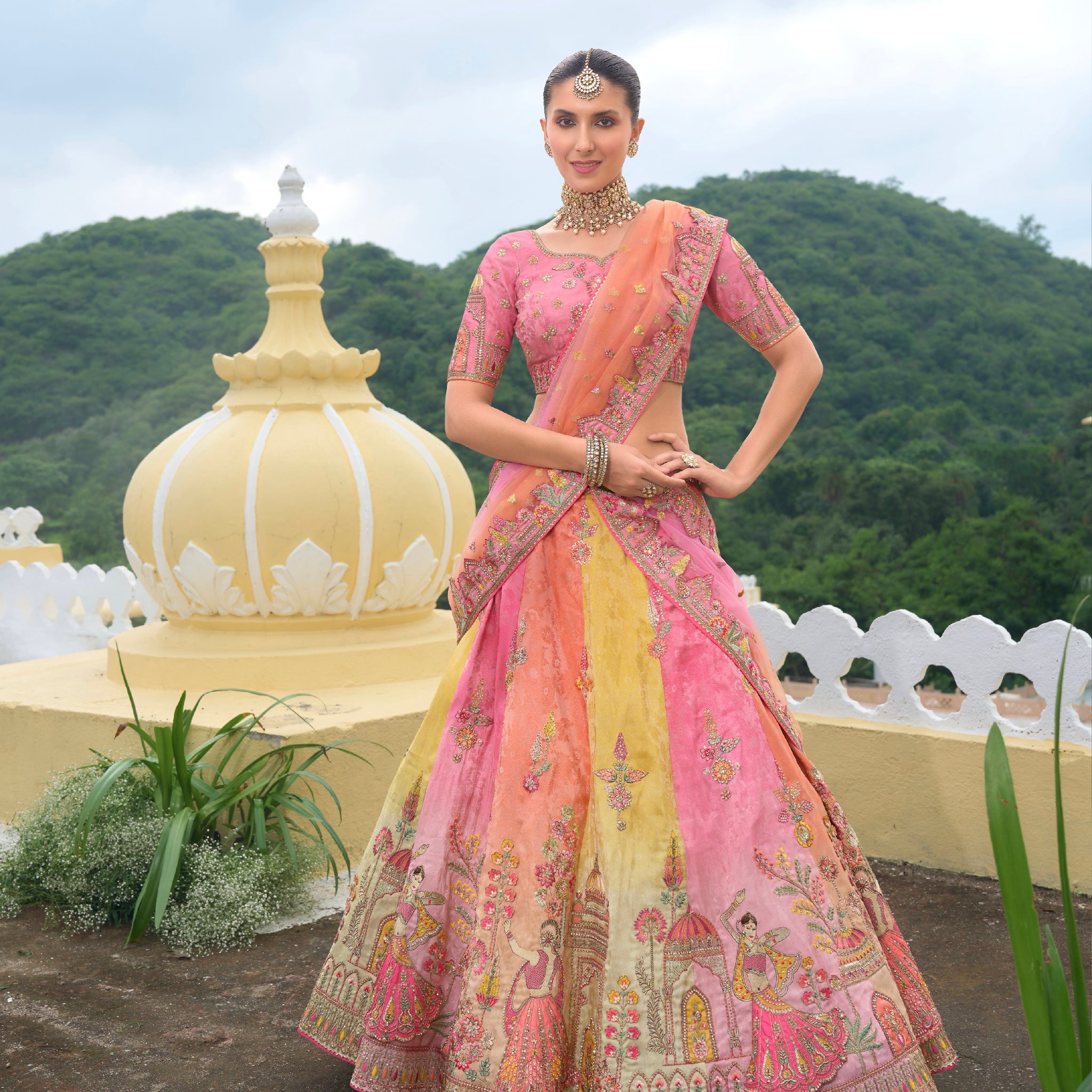 Multicolor Heavy Silk Lehenga with Pastel Shades & Embroidery