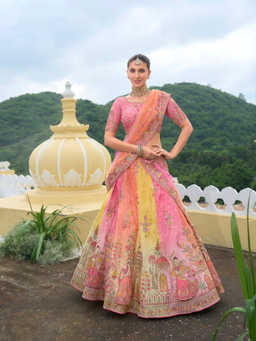 Multicolor Heavy Silk Lehenga with Pastel Shades & Embroidery