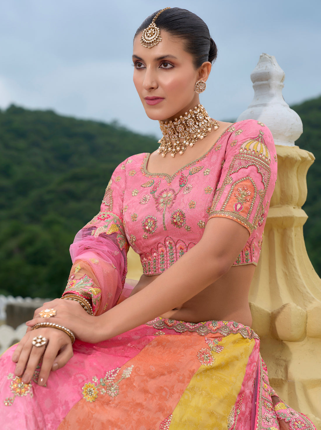 Multicolor Heavy Silk Lehenga with Pastel Shades & Embroidery