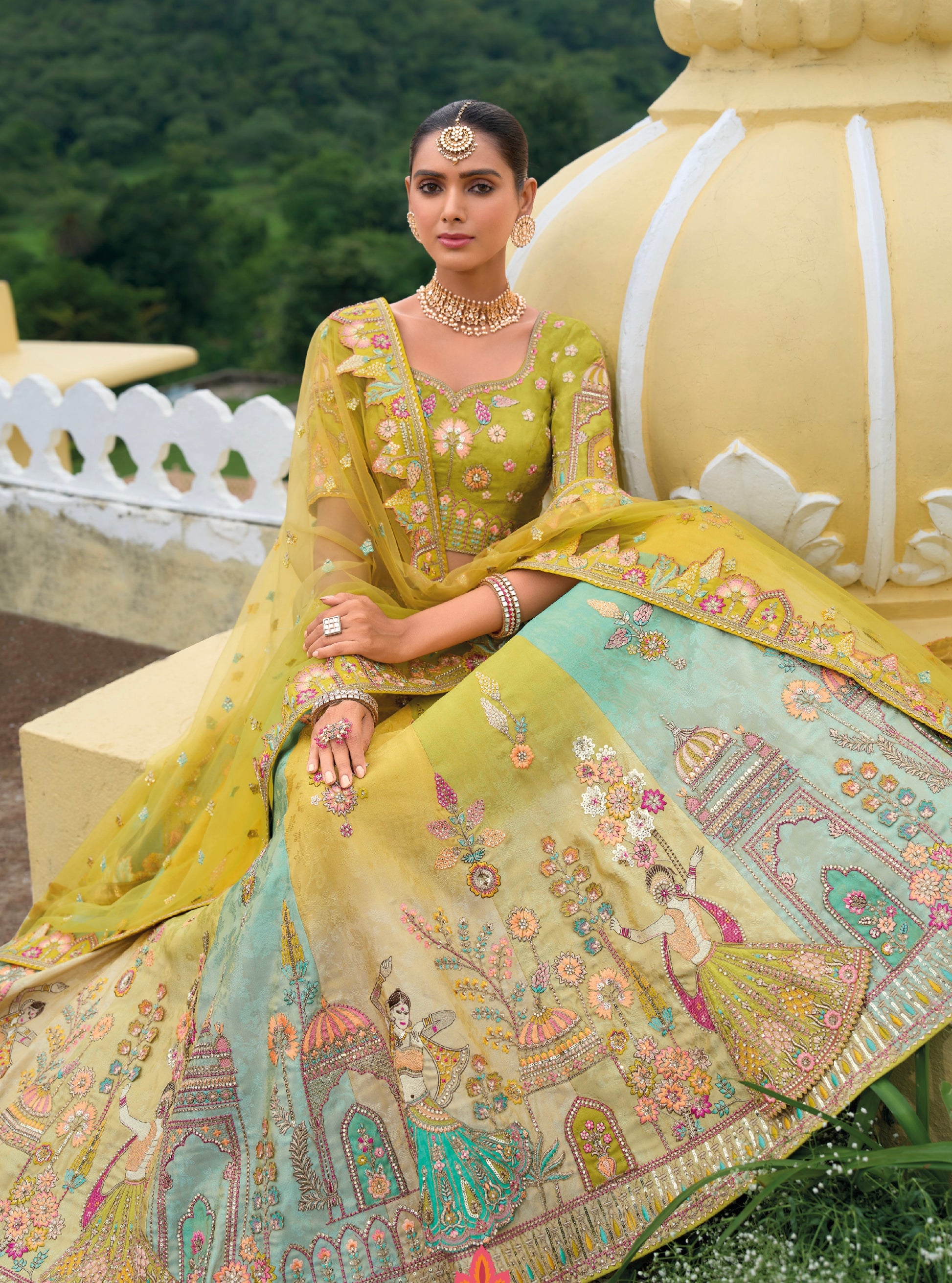 Yellow and Pastel Green Lehenga with Mughal Motifs