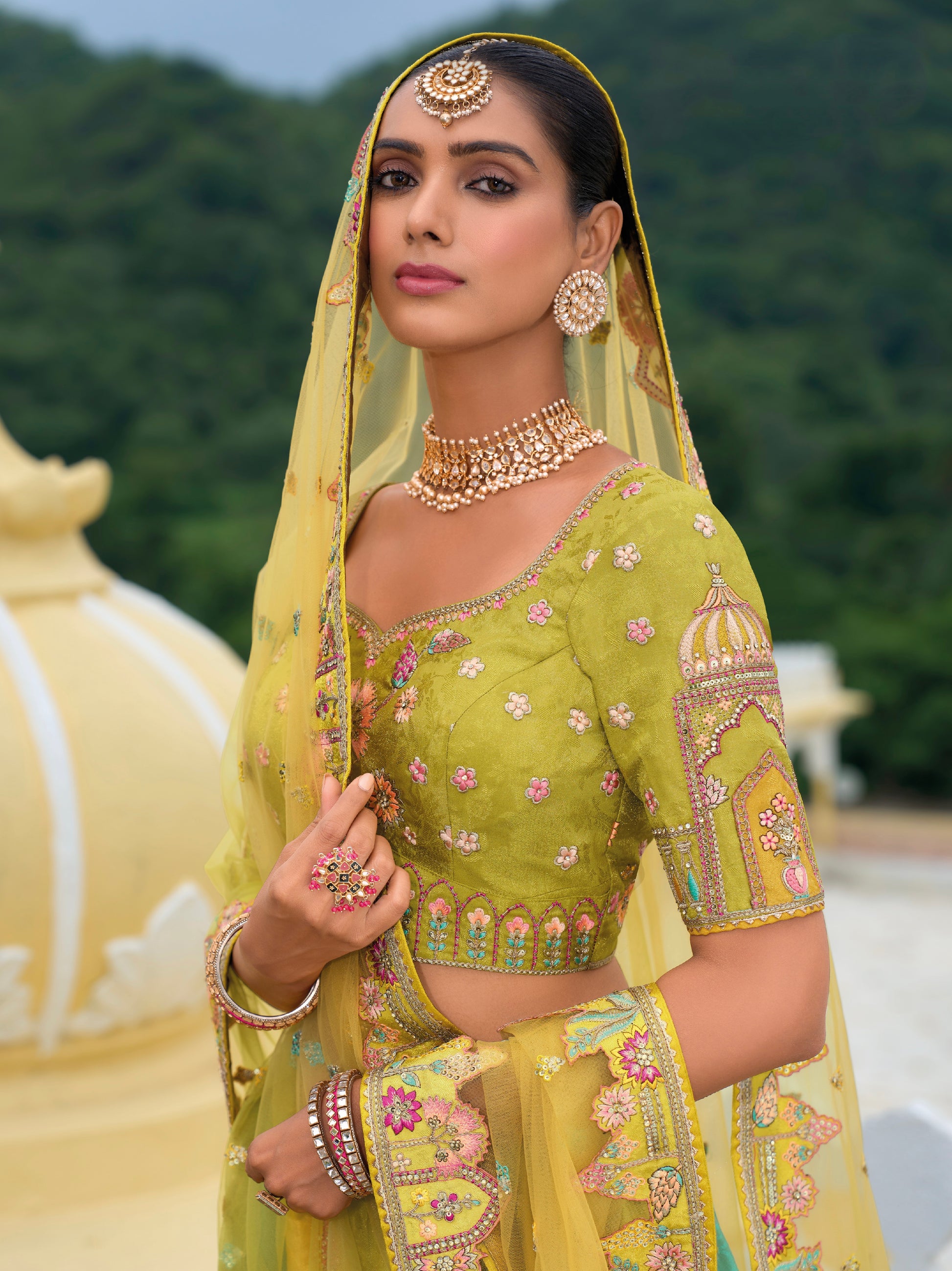 Yellow and Pastel Green Lehenga with Mughal Motifs