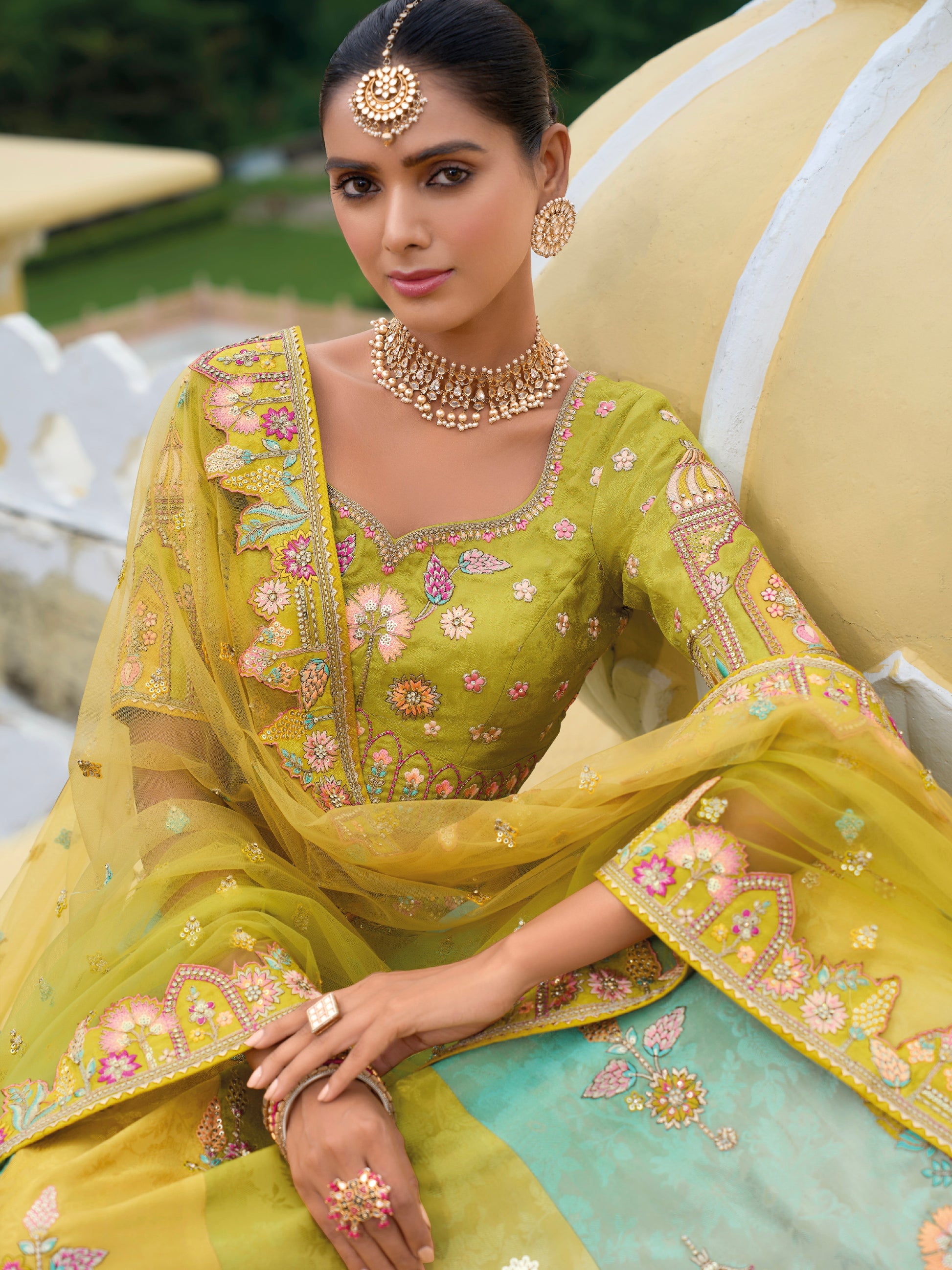 Yellow and Pastel Green Lehenga with Mughal Motifs