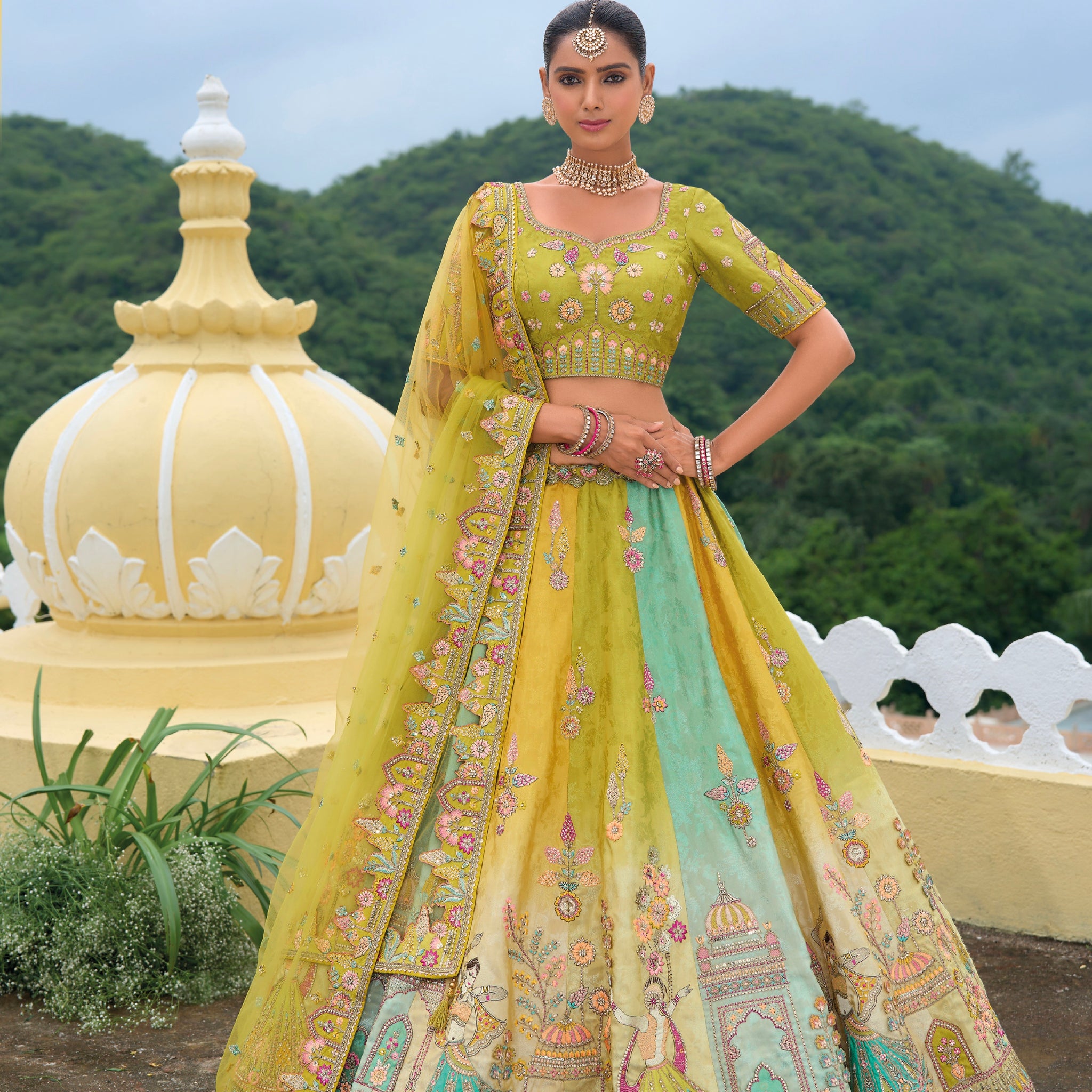 Yellow and Pastel Green Lehenga with Mughal Motifs