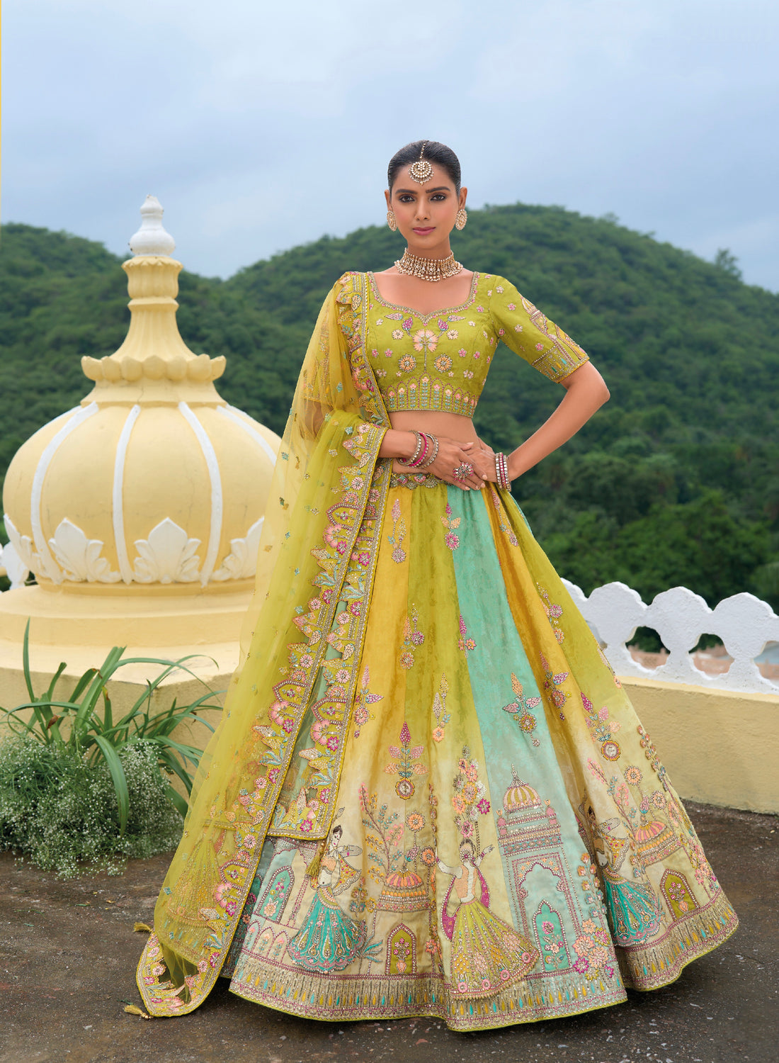 Yellow and Pastel Green Lehenga with Mughal Motifs