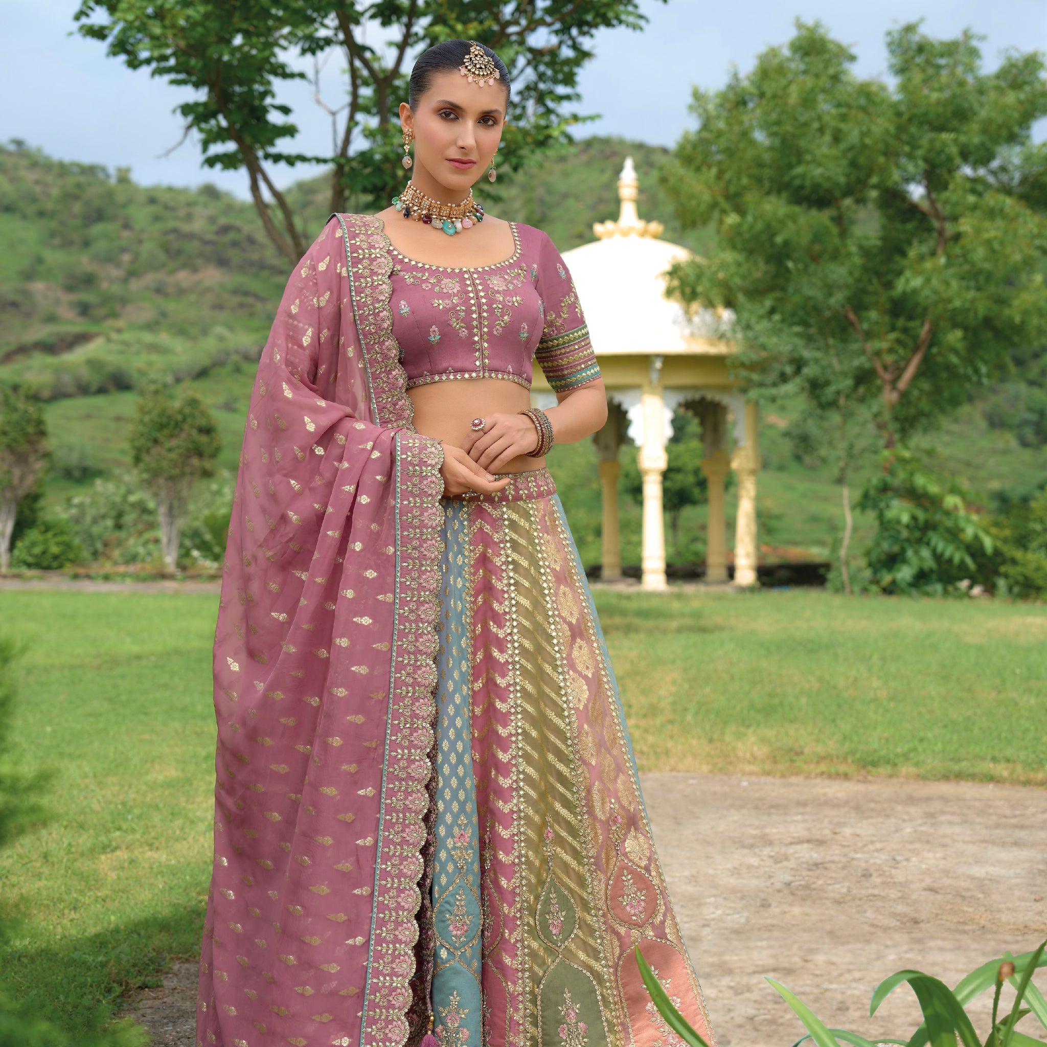 Plum and Sea Green Silk Lehenga with Scalloped Dupatta