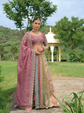 Plum and Sea Green Silk Lehenga with Scalloped Dupatta