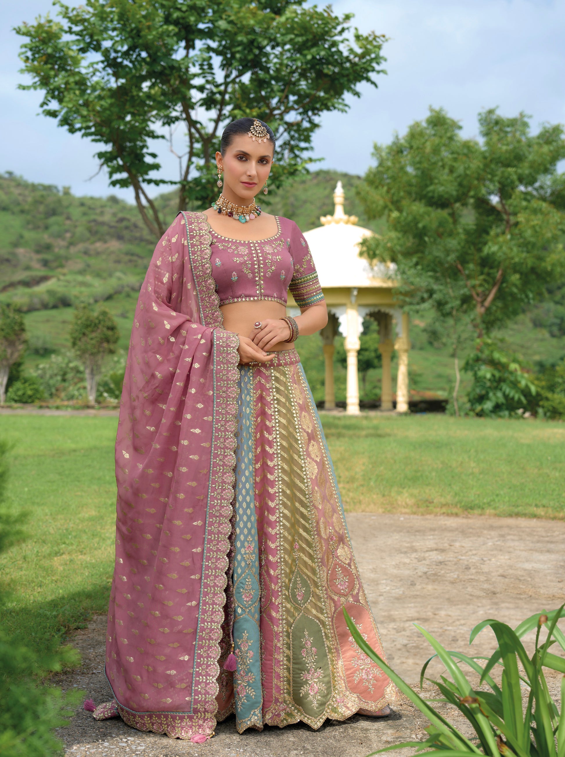 Plum and Sea Green Silk Lehenga with Scalloped Dupatta