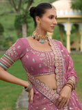 Plum and Sea Green Silk Lehenga with Scalloped Dupatta