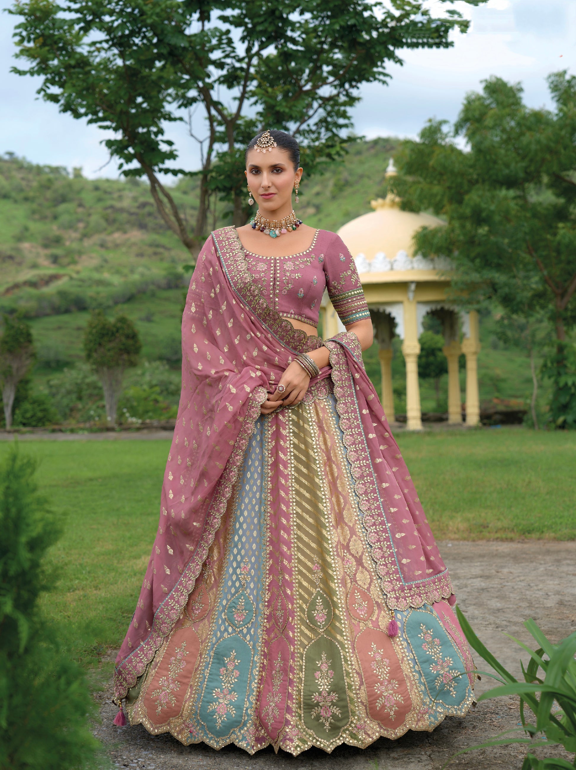 Plum and Sea Green Silk Lehenga with Scalloped Dupatta