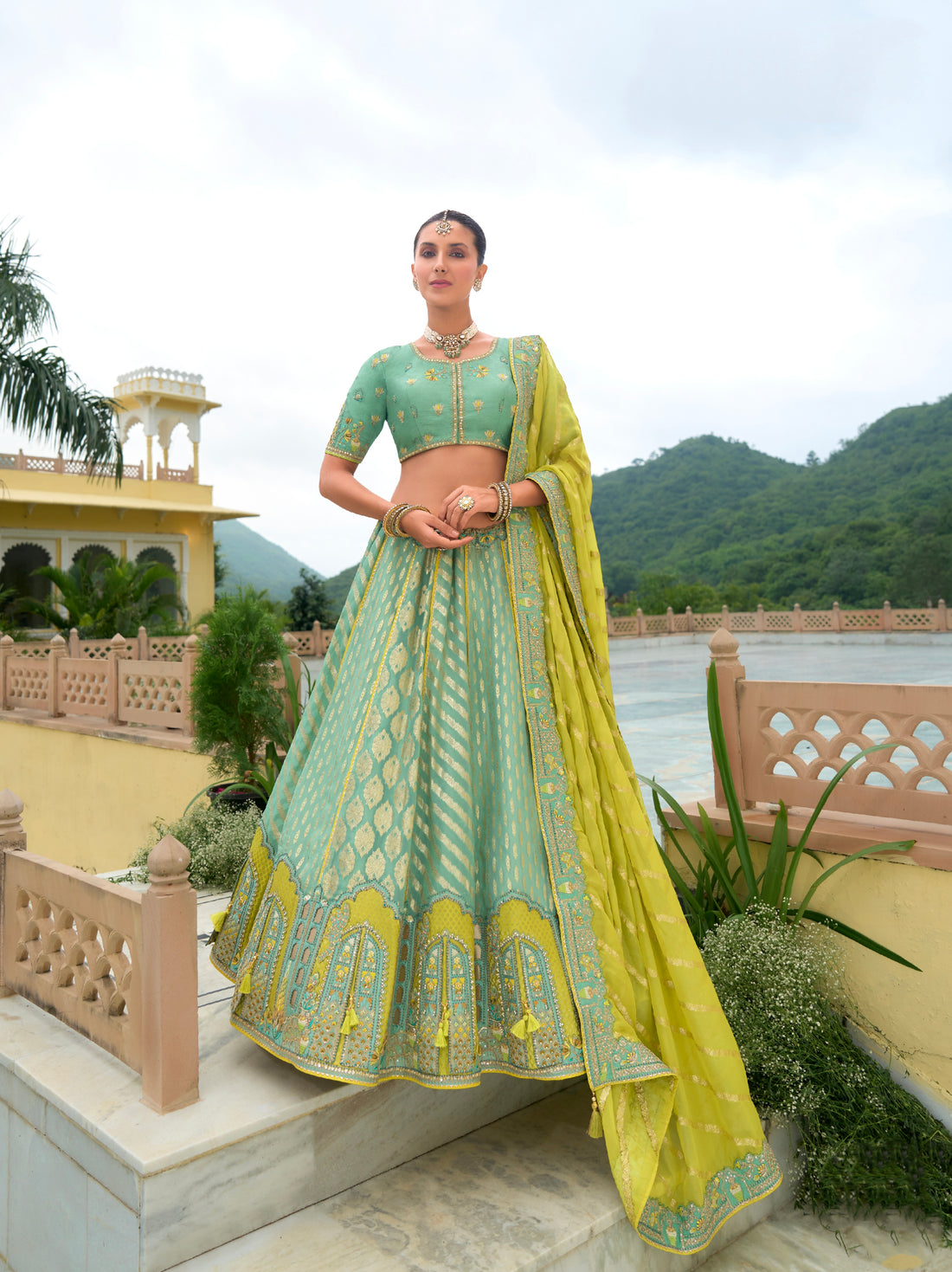 Mint Green and Yellow Silk Lehenga with Intricate Embroidery