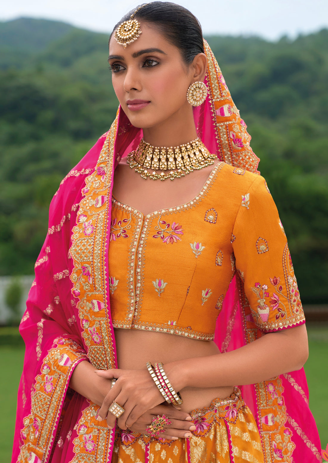 Mustard Yellow and Pink Lehenga with Traditional Patterns