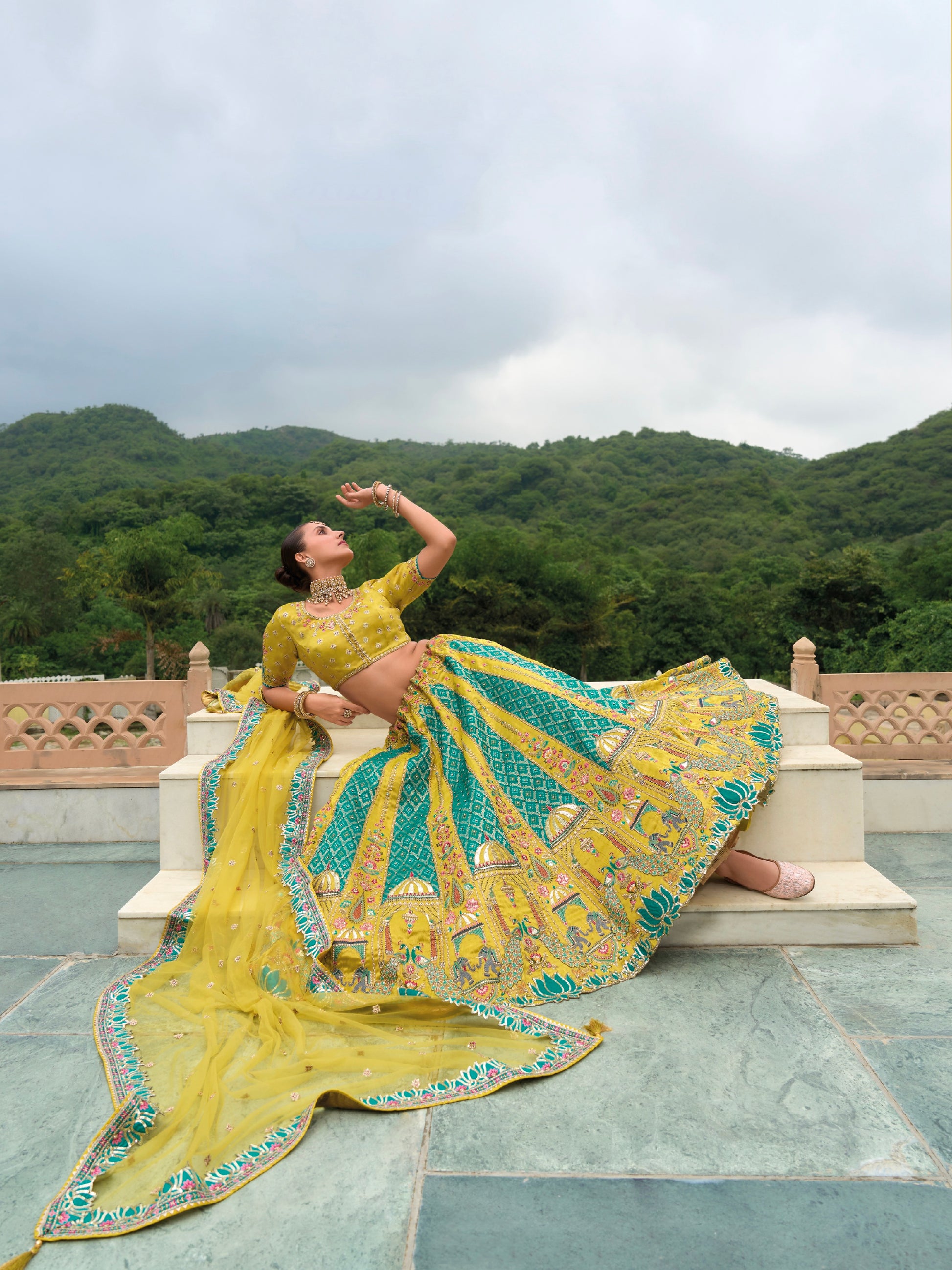 Yellow and Teal Lehenga with Elaborate Khatli Work