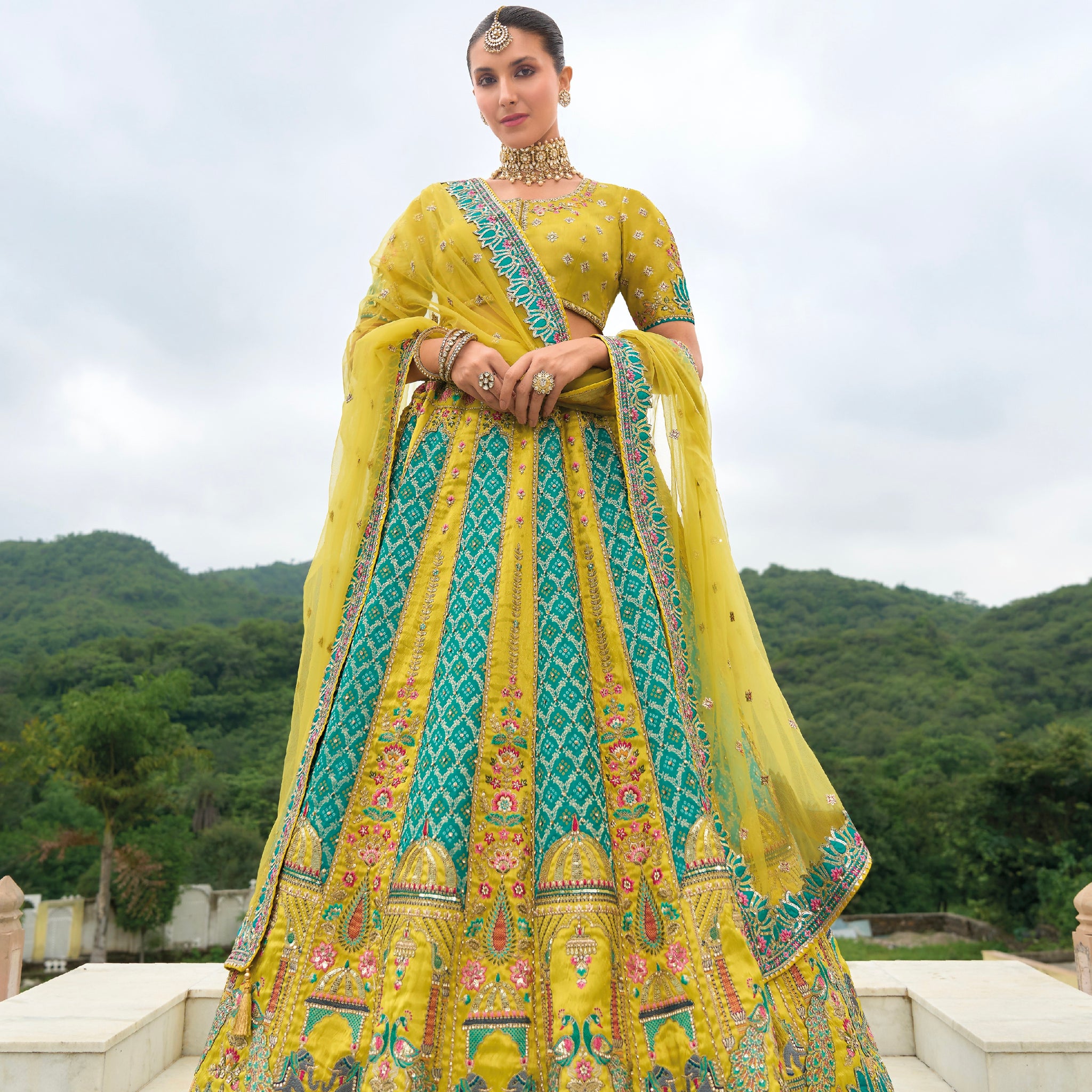 Yellow and Teal Lehenga with Elaborate Khatli Work