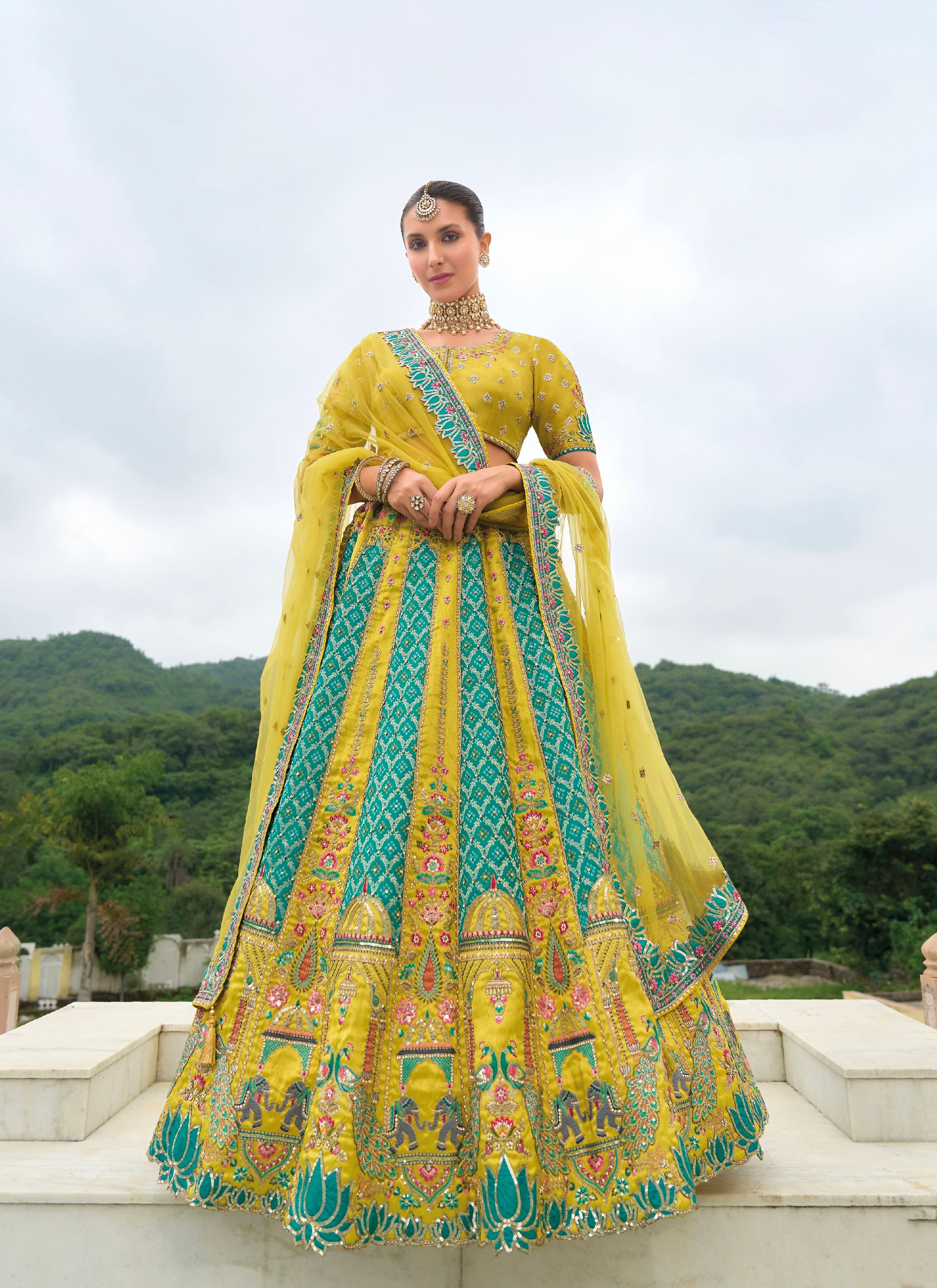 Yellow and Teal Lehenga with Elaborate Khatli Work