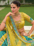 Yellow and Teal Lehenga with Elaborate Khatli Work