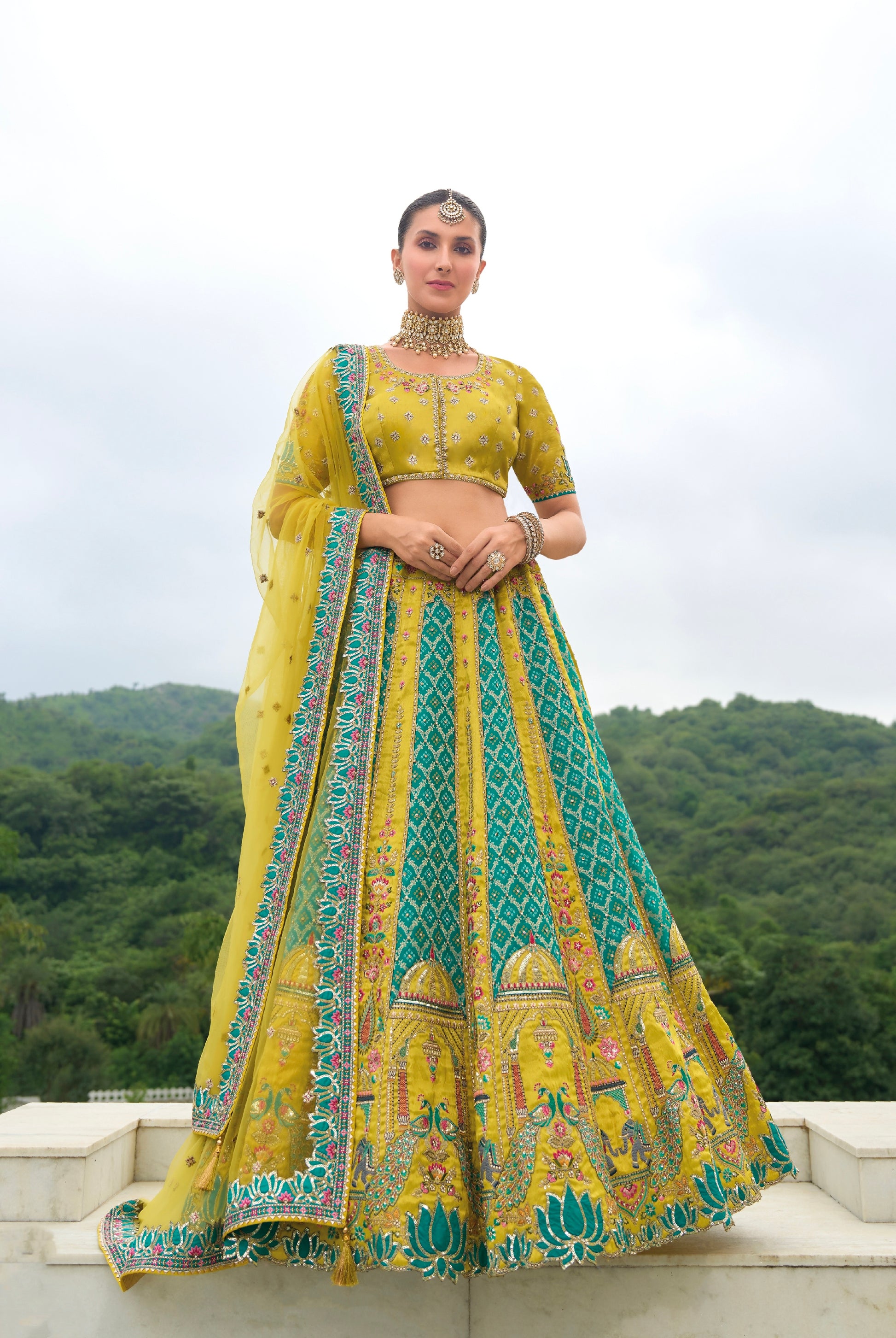 Yellow and Teal Lehenga with Elaborate Khatli Work