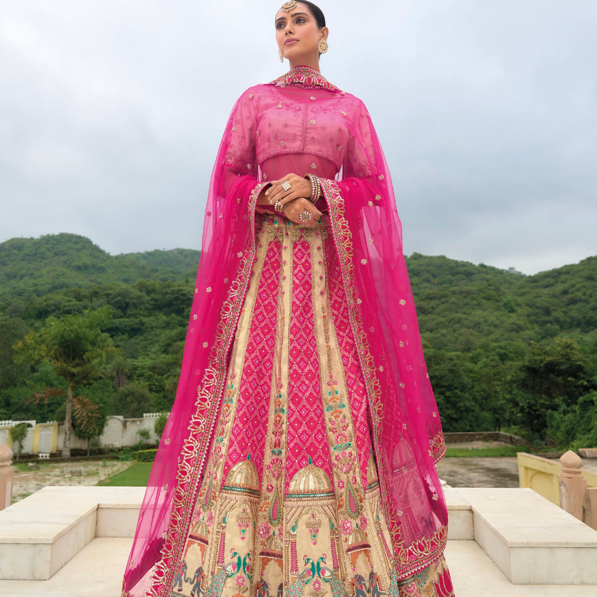 Hot Pink and Cream Silk Bridal Lehenga with Bold Embellishments