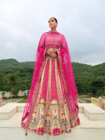 Hot Pink and Cream Silk Bridal Lehenga with Bold Embellishments