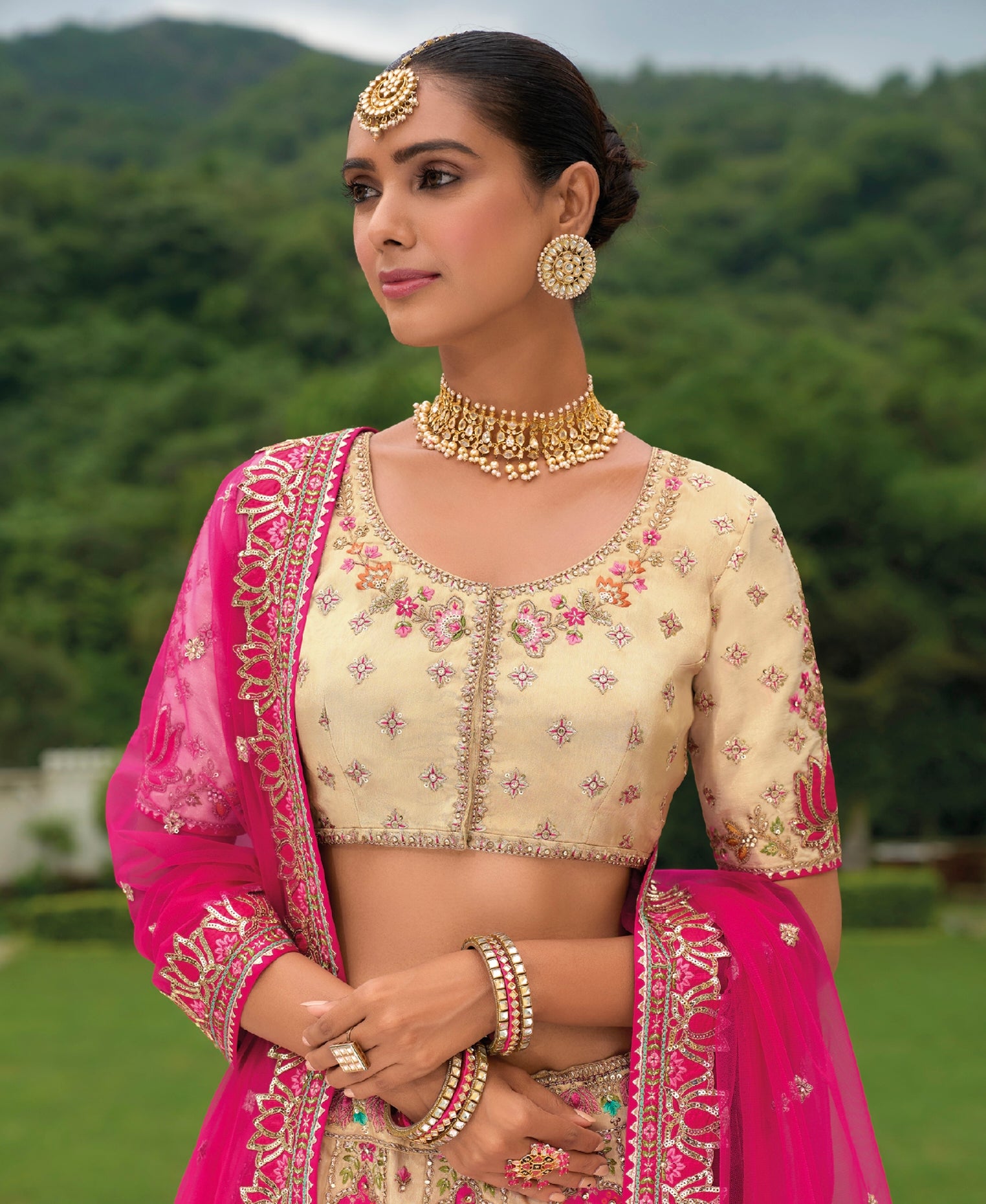 Hot Pink and Cream Silk Bridal Lehenga with Bold Embellishments