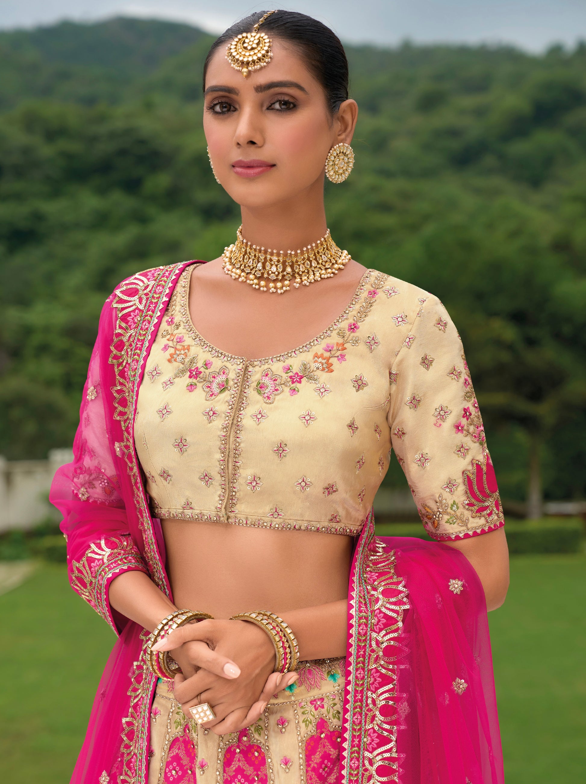 Hot Pink and Cream Silk Bridal Lehenga with Bold Embellishments