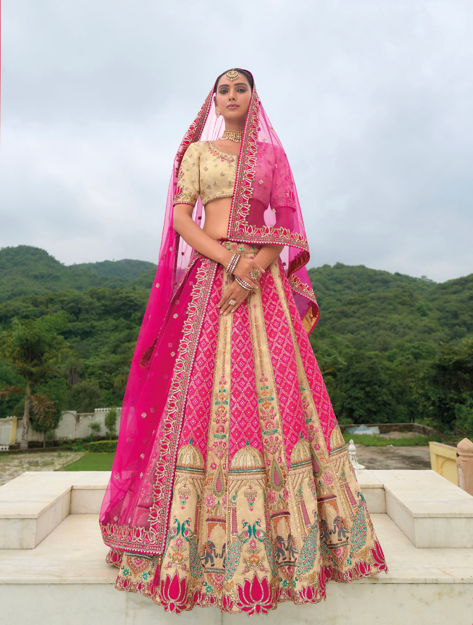 Hot Pink and Cream Silk Bridal Lehenga with Bold Embellishments