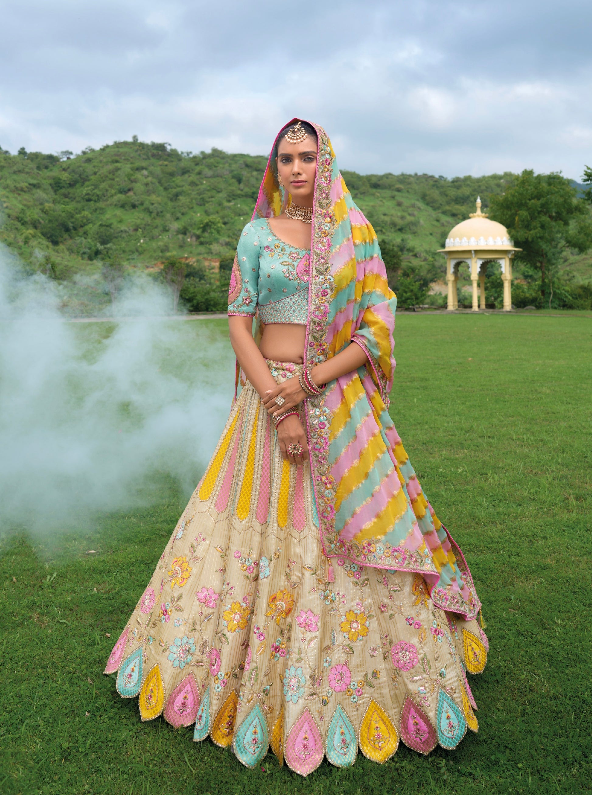 Pastel Multicolor Lehenga with Heavy Embroidery & Modern Designs