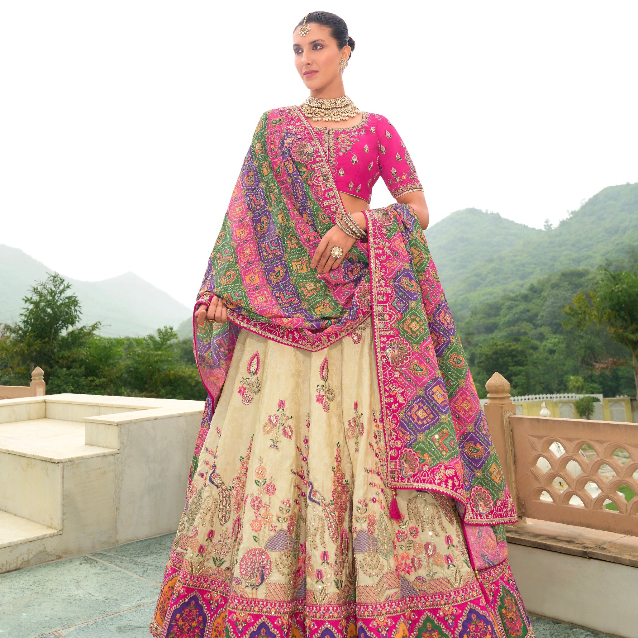 Cream and Pink Lehenga with Intricate Embroidery & Royal Designs