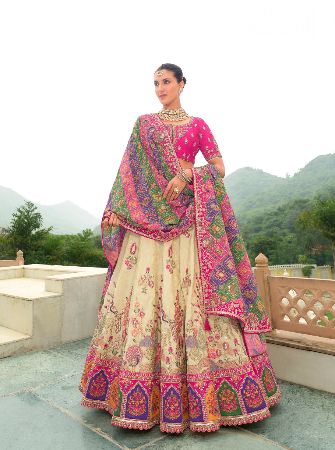 Cream and Pink Lehenga with Intricate Embroidery & Royal Designs