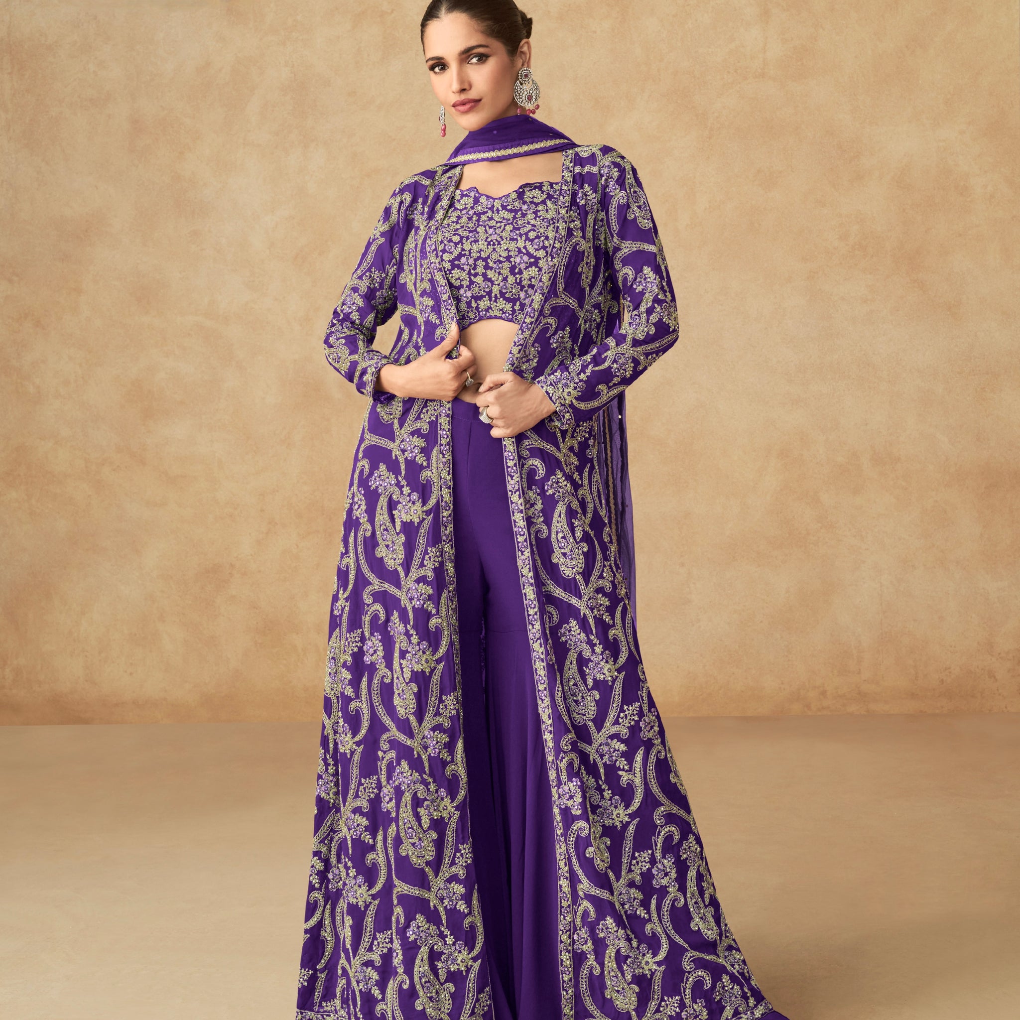 Purple Embroidered Georgette Palazzo Set with Butterfly Net Dupatta