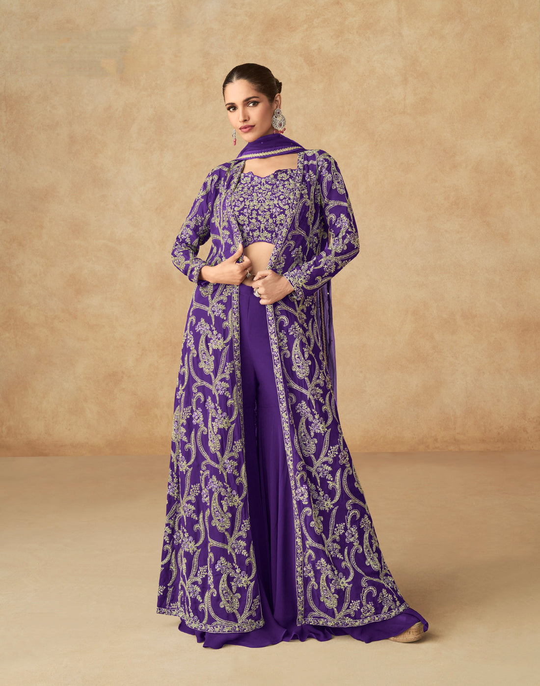 Purple Embroidered Georgette Palazzo Set with Butterfly Net Dupatta