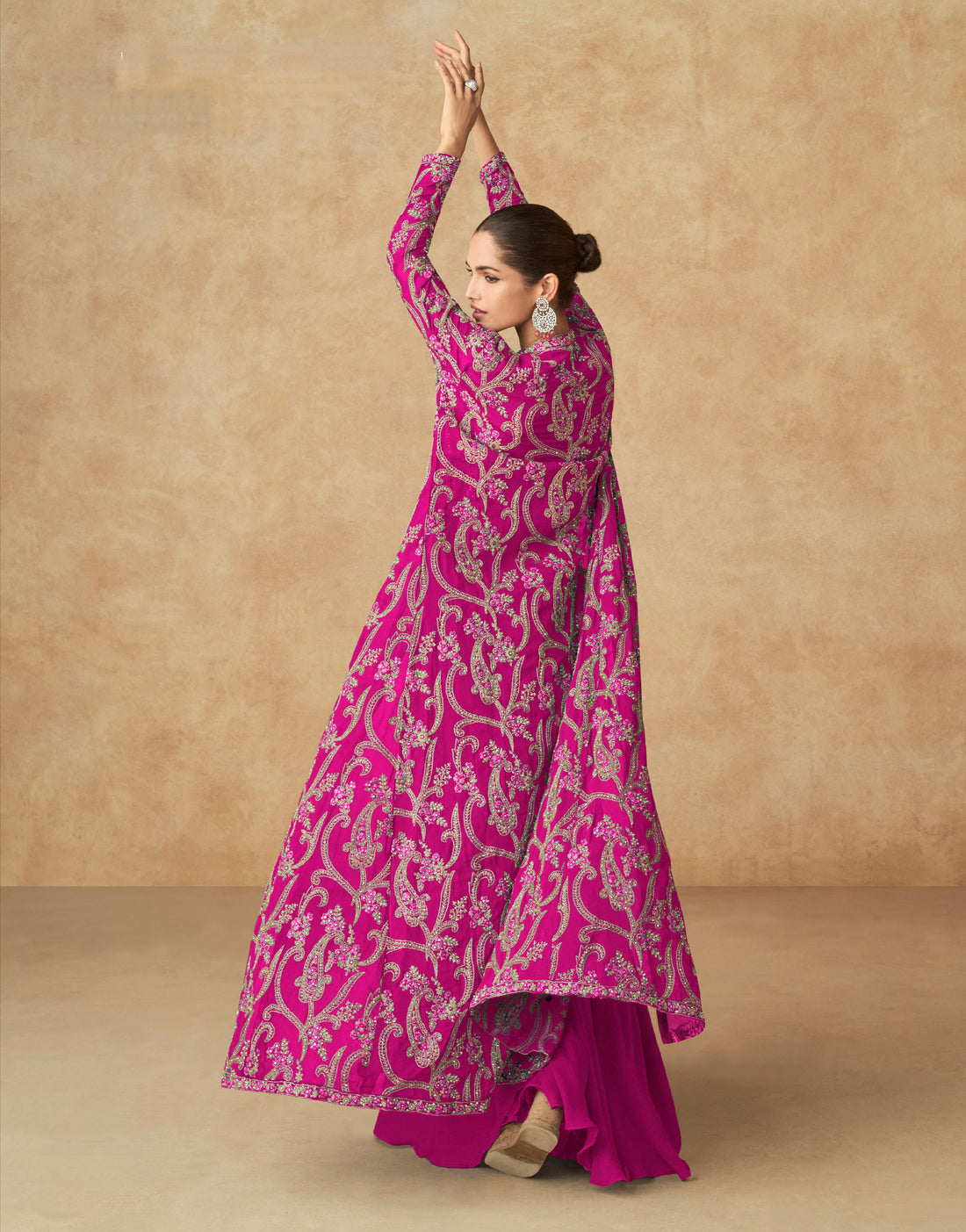 Pink Embroidered Georgette Palazzo Set with Butterfly Net Dupatta