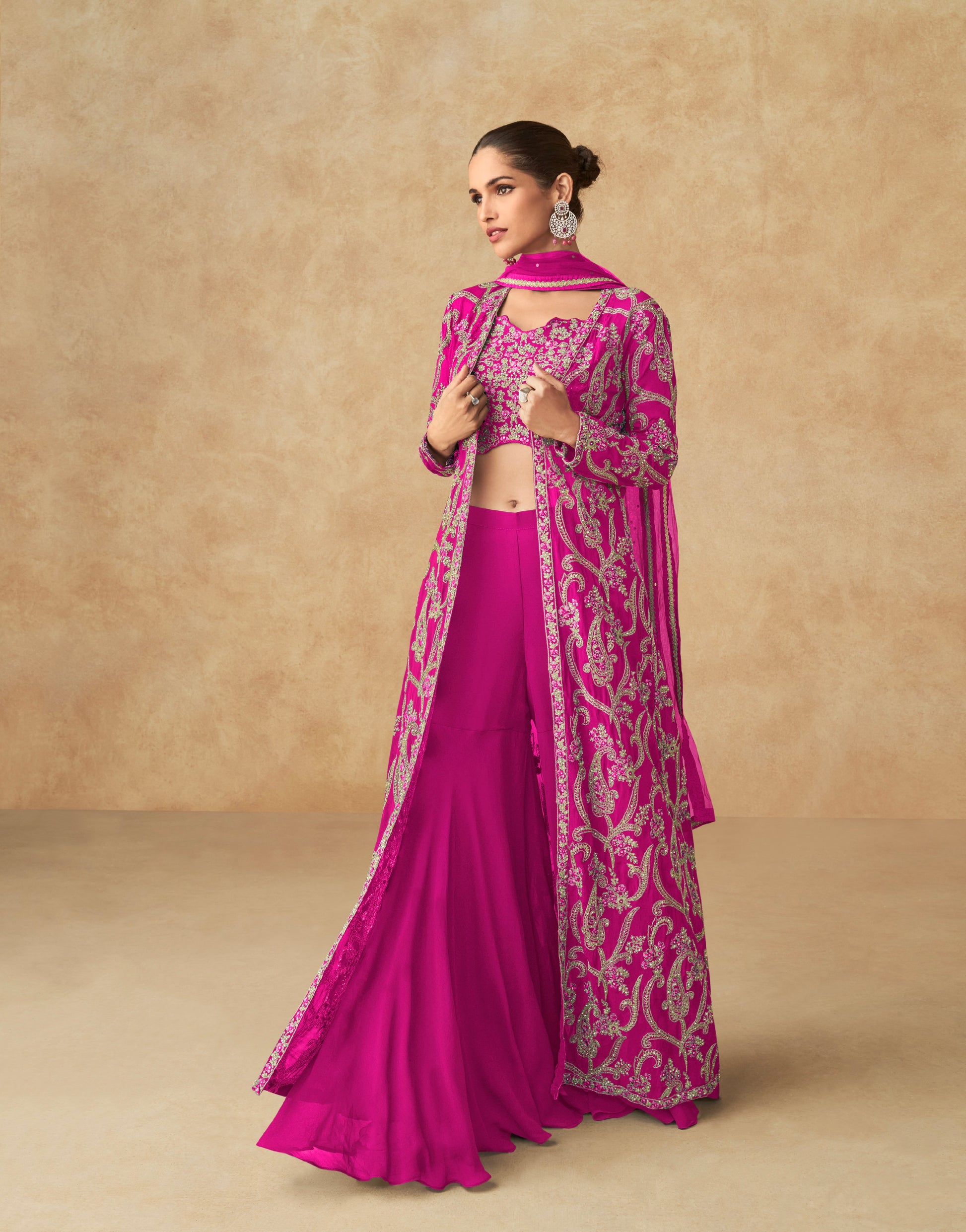 Pink Embroidered Georgette Palazzo Set with Butterfly Net Dupatta