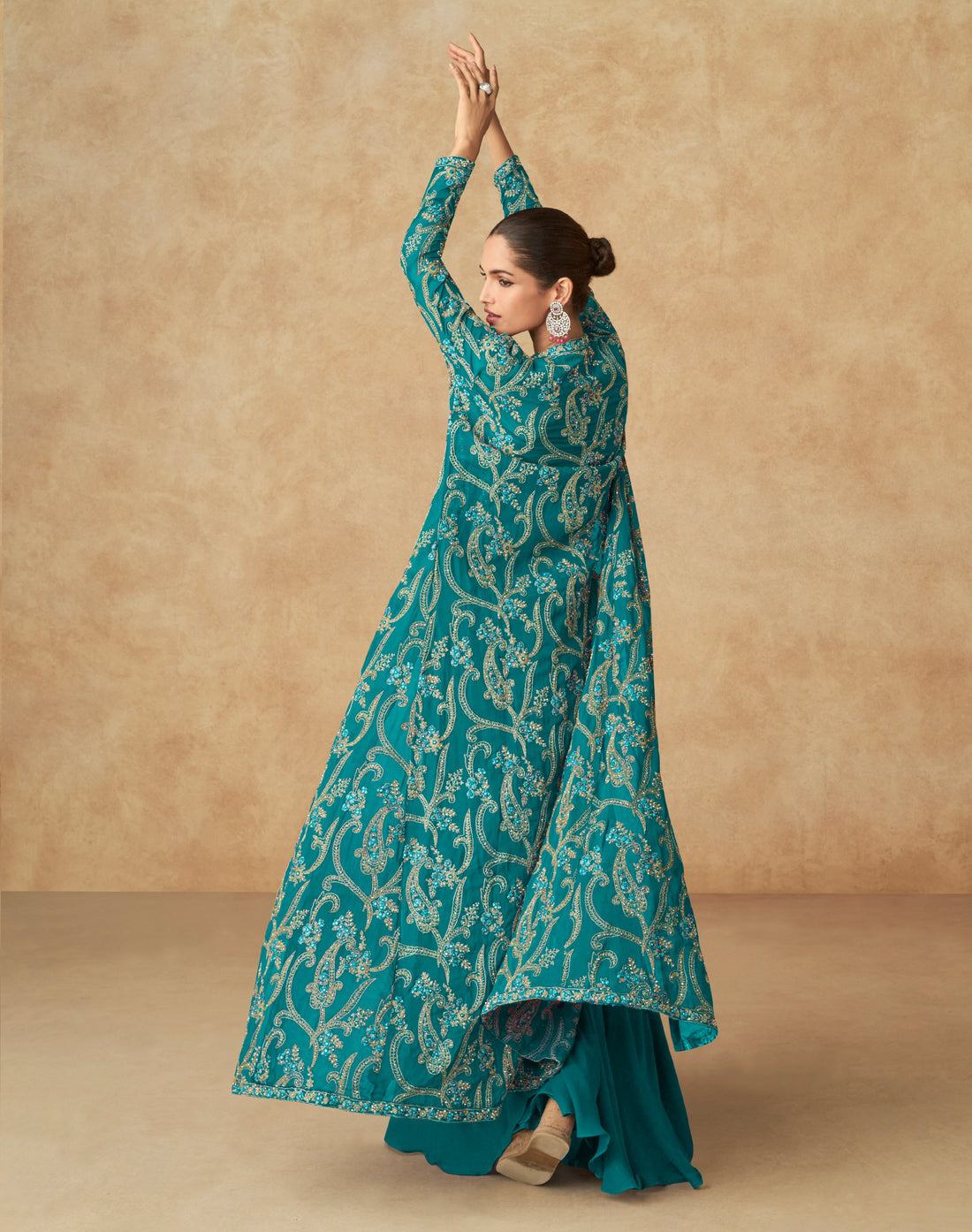 Turquoise Embroidered Georgette Palazzo Set with Butterfly Net Dupatta