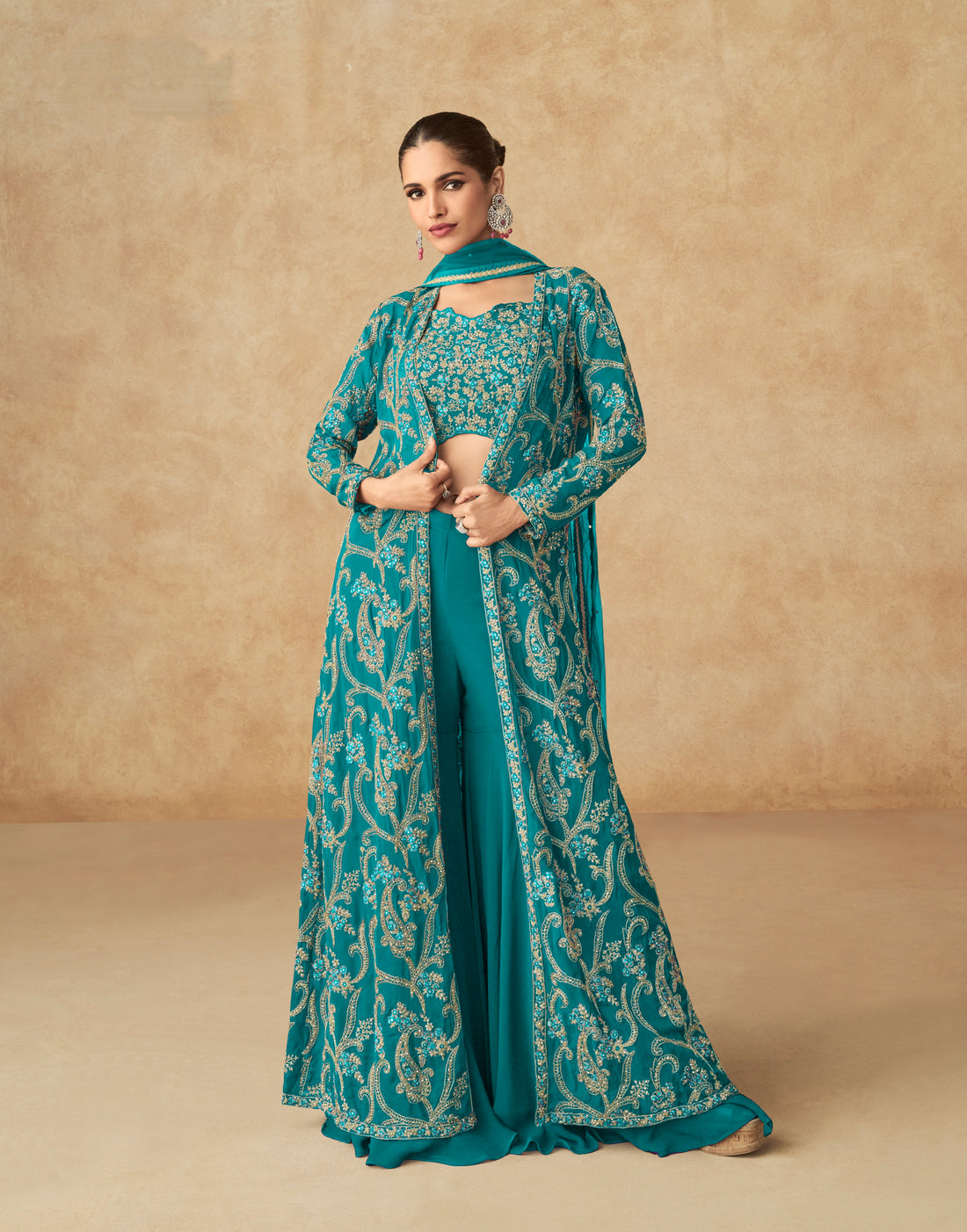 Turquoise Embroidered Georgette Palazzo Set with Butterfly Net Dupatta