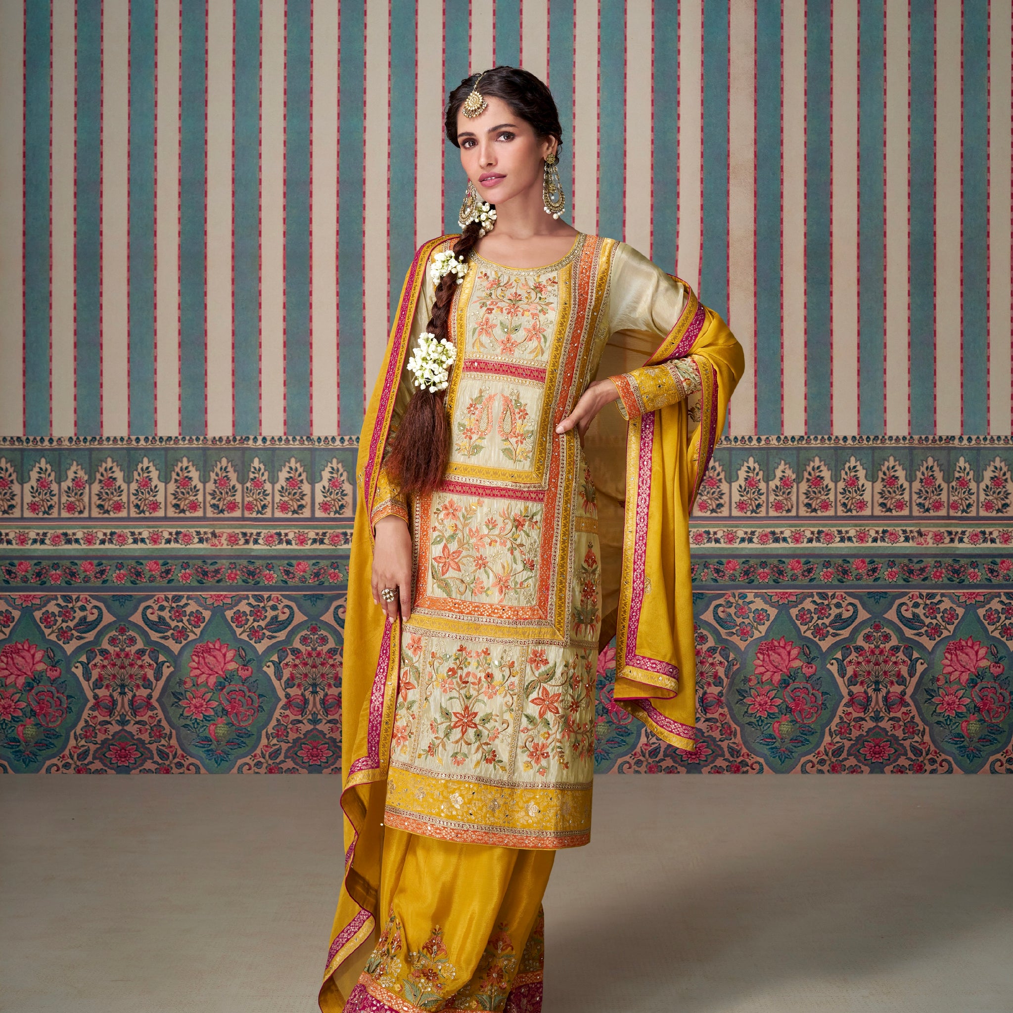 Yellow and Cream Designer Palazzo Suit with Embroidered Dupatta