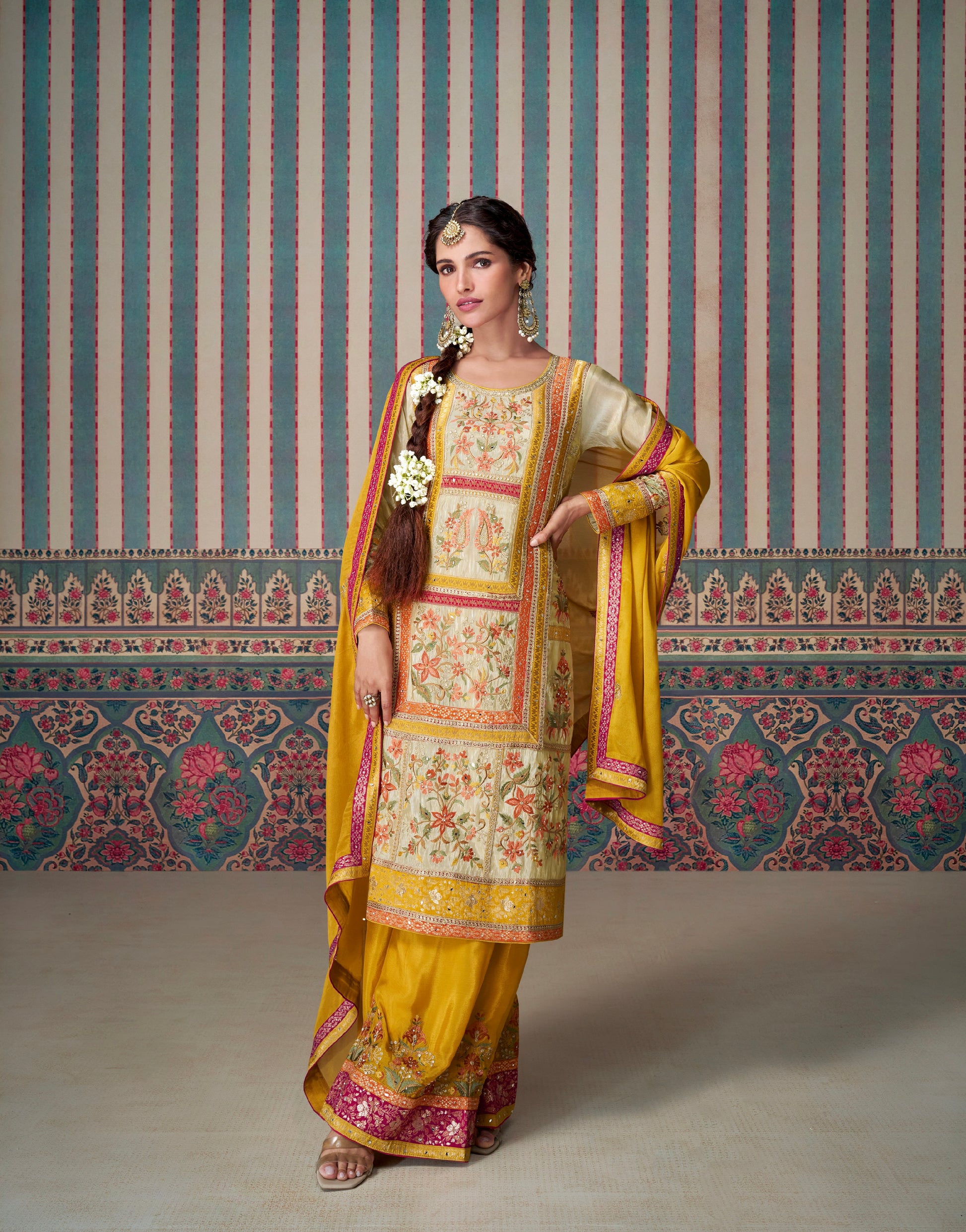 Yellow and Cream Designer Palazzo Suit with Embroidered Dupatta