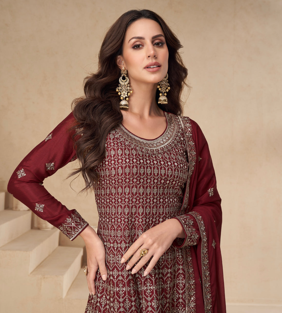 Maroon Chinnon Silk Palazzo Suit with Embroidery Dupatta