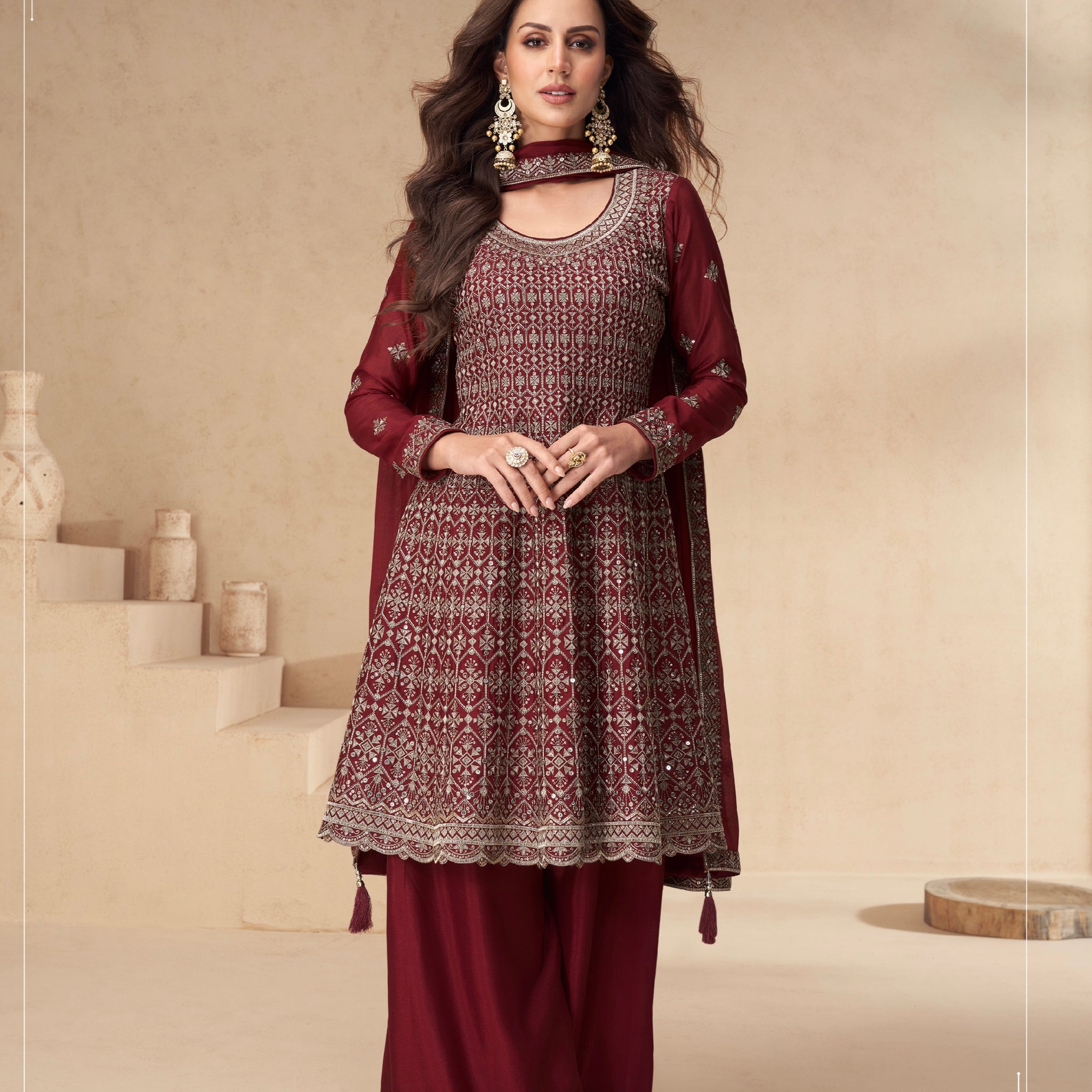 Maroon Chinnon Silk Palazzo Suit with Embroidery Dupatta