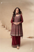 Maroon Chinnon Silk Palazzo Suit with Embroidery Dupatta