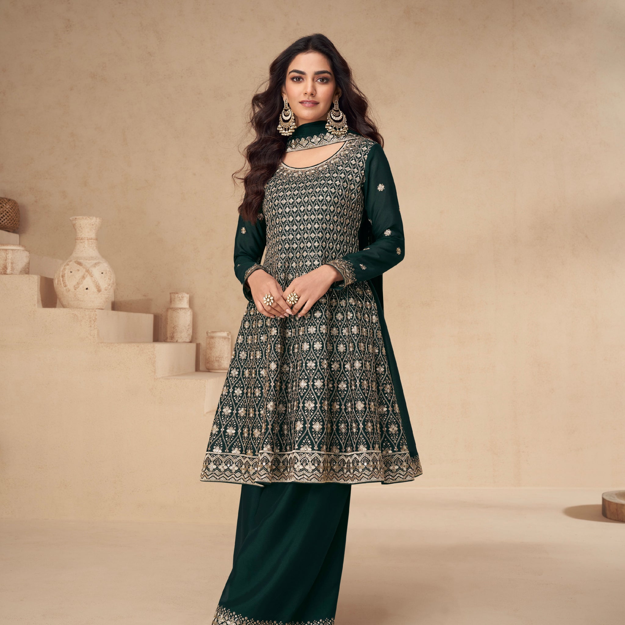 Green Chinnon Silk Palazzo Suit with Embroidery Dupatta