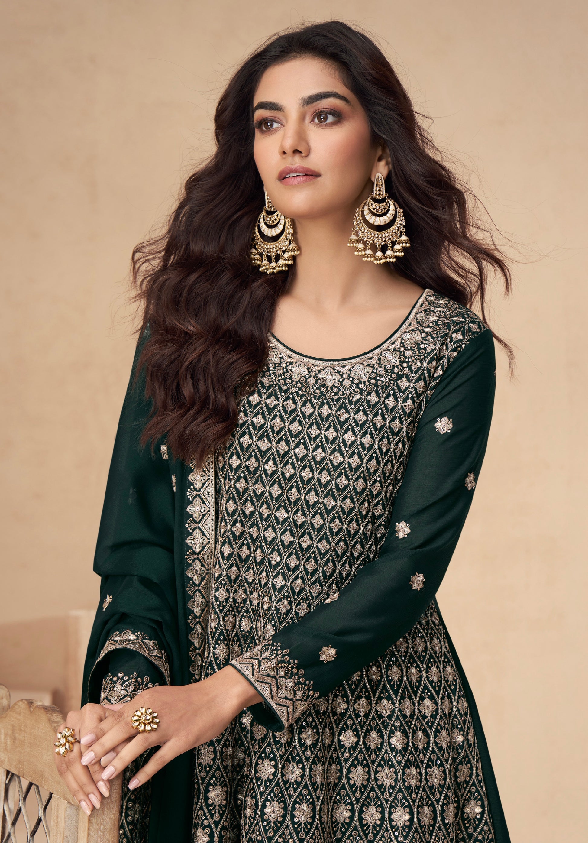 Green Chinnon Silk Palazzo Suit with Embroidery Dupatta