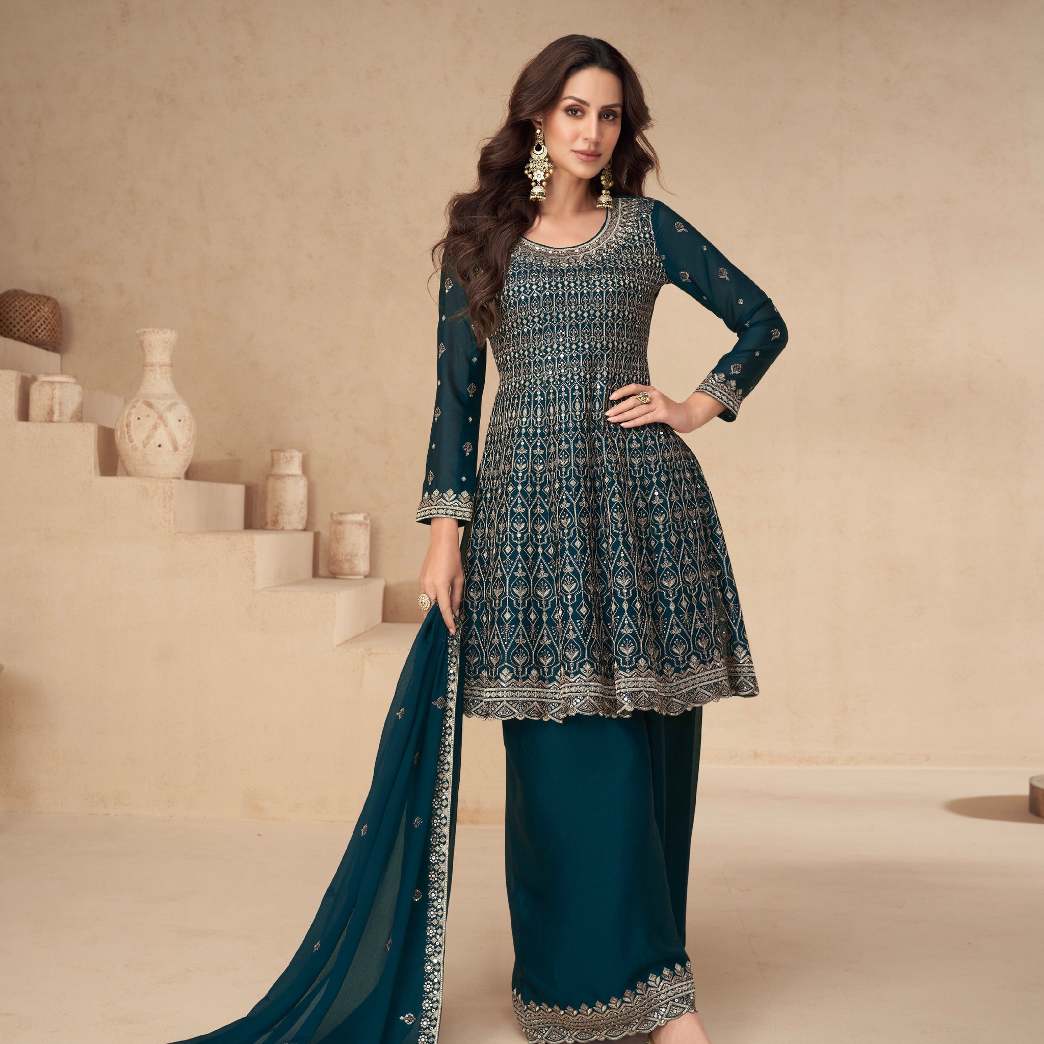 Teal Blue Chinnon Silk Palazzo Suit with Embroidery Dupatta